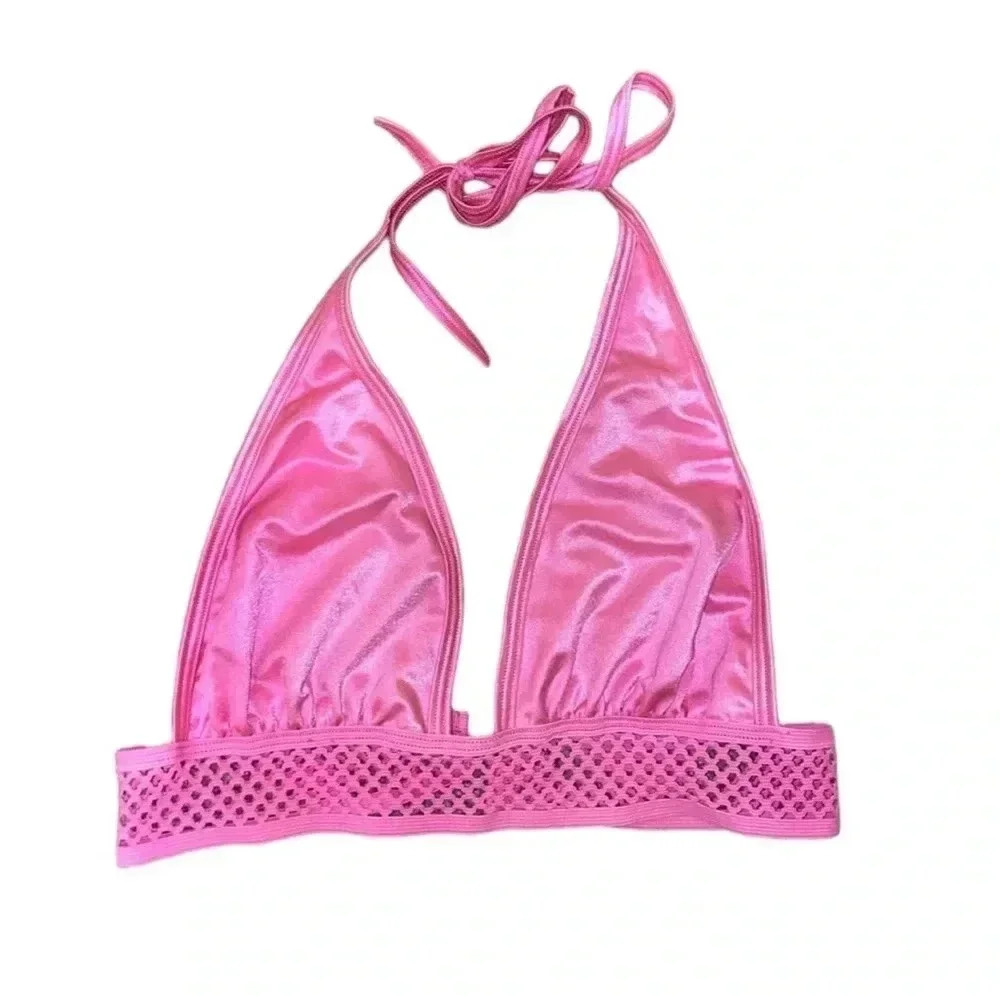 Iheartrave Pink Festival Crop Halter Top, Small Adjustable Rave Y2K Mesh